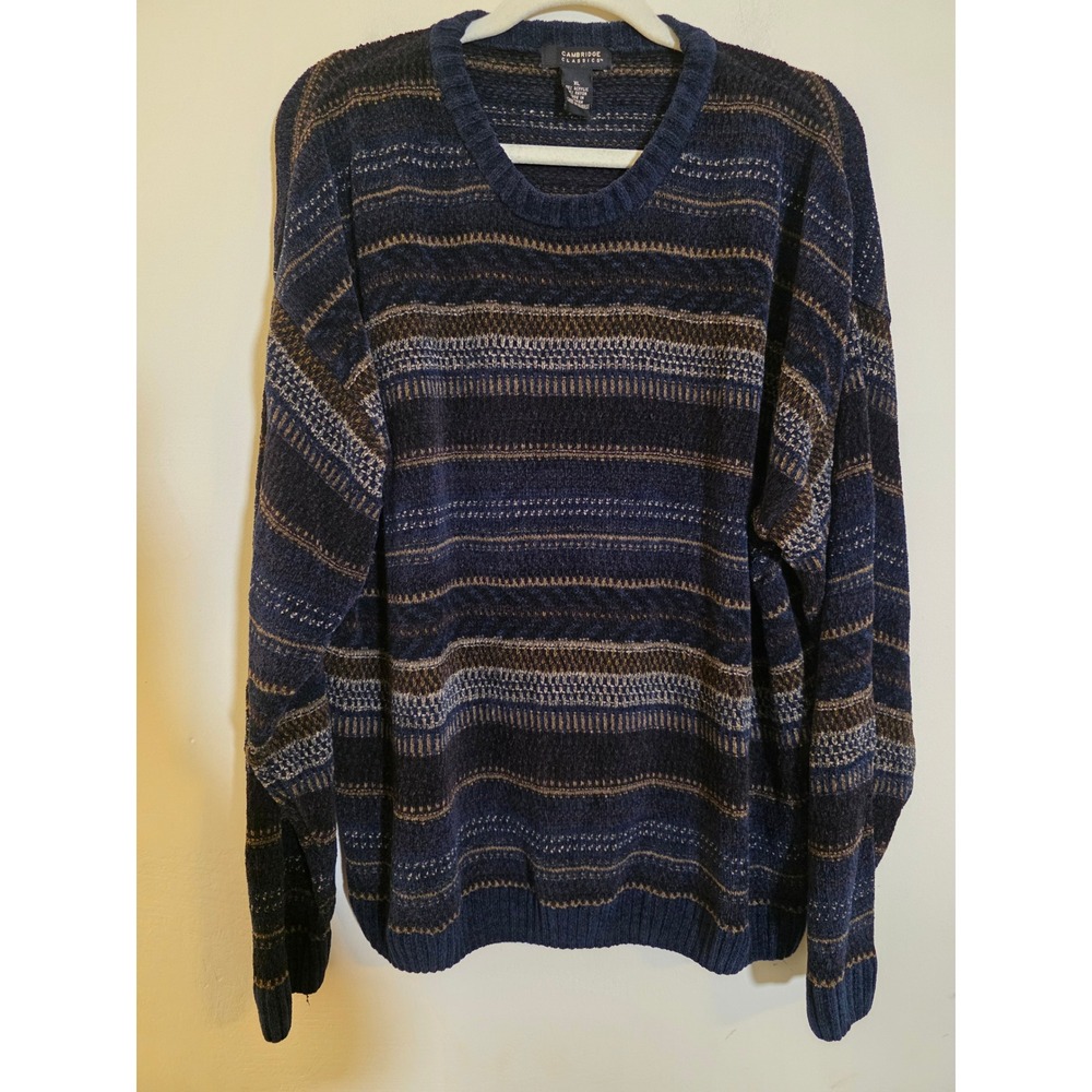 Cambridge Classics Mens XL Navy Blue Brown Striped Crew Neck‎ Knit Sweater XL